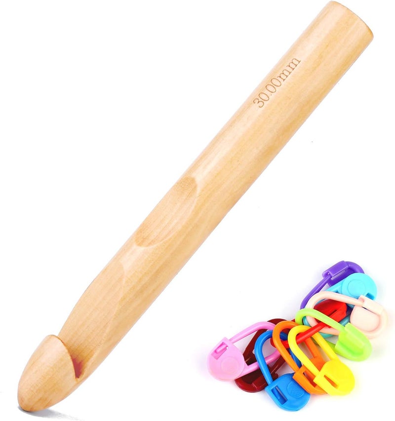 Dercuy Wooden Crochet Hooks, 30mm Wooden Handle Crochet Hook Bamboo Knitting Crochet Needles with 10 pcs Knitting Stitch Markers for Handcraft Crocheting - Image 1